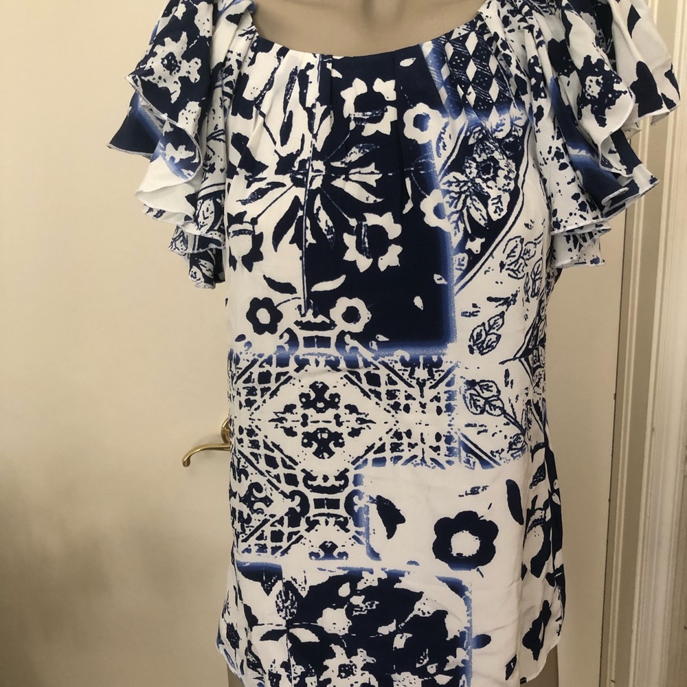Etro Blue White Batik Style Print Short Flounce Sleeve Lined Blouse 42